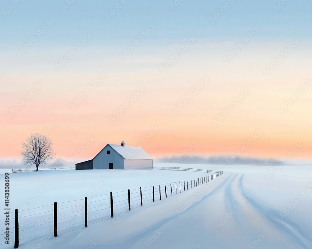 A peaceful rural farm blanketed in snow under a soft pink sunset. A peaceful rural farm blanketed in snow under a soft pink sunset.