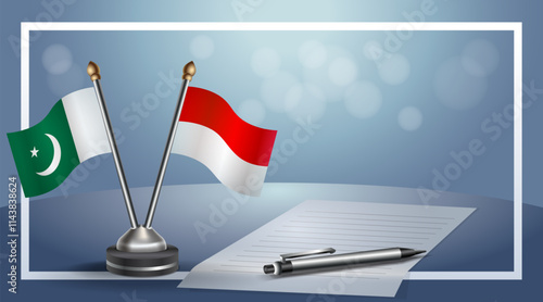 Pakistan and Indonesia National flags on small table with bokeh background, cooperative relationship