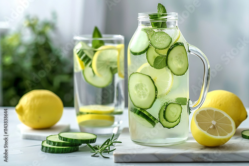  Jar and glass of fresh lemonade with cucumber and lemon