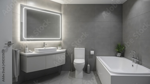 Wallpaper Mural Minimalist Bathroom Interior with Grey Tiles, LED Mirror, and White Furniture Torontodigital.ca
