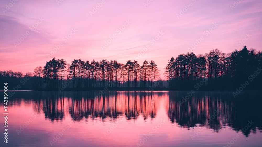 Fototapeta premium Pink sunset reflecting on calm lake with silhouetted trees.