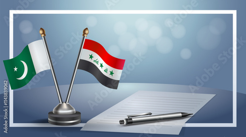 Pakistan and Iraq National flags on small table with bokeh background, cooperative relationship