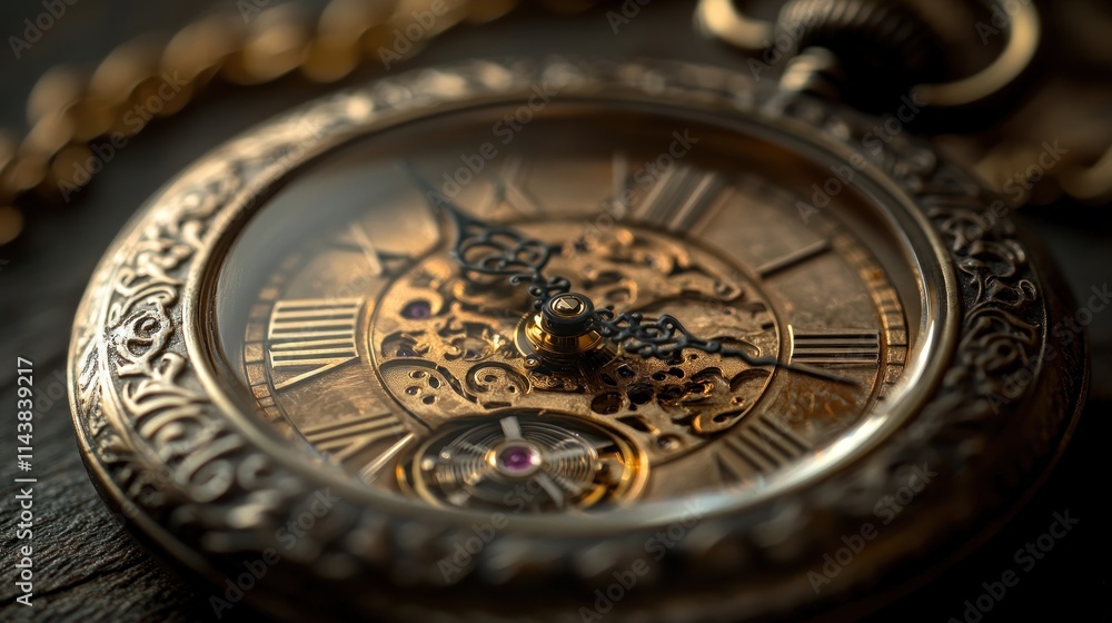 Close-up of antique pocket watch with intricate details, showing gears and Roman numerals. Close-up of antique pocket watch with intricate details, showing gears and Roman numerals.