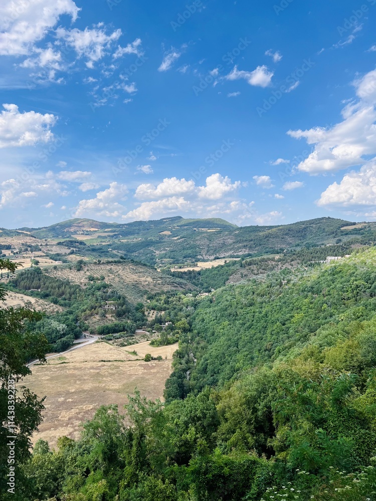 Obraz premium Beautiful hillside landscape under a bright blue sky with fluffy clouds. Assisi, Italy.
