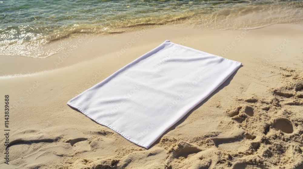 White beach towel on sandy shore near ocean waves. White beach towel on sandy shore near ocean waves.