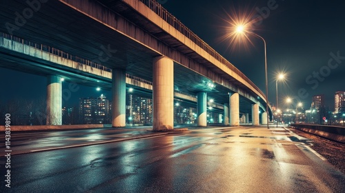 Nighttime urban scene featuring an elevated highway with streetlights and wet pavement. photo