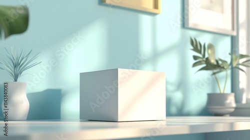 White cube box mockup on shelf with plants and sunlight.