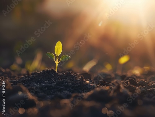 Young plant sprouting from soil with sunlight, hopeful and fresh atmosphere, warm natural light.