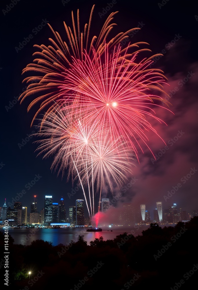 Dazzling Fireworks Over City Skyline at Night Dazzling Fireworks Over City Skyline at Night