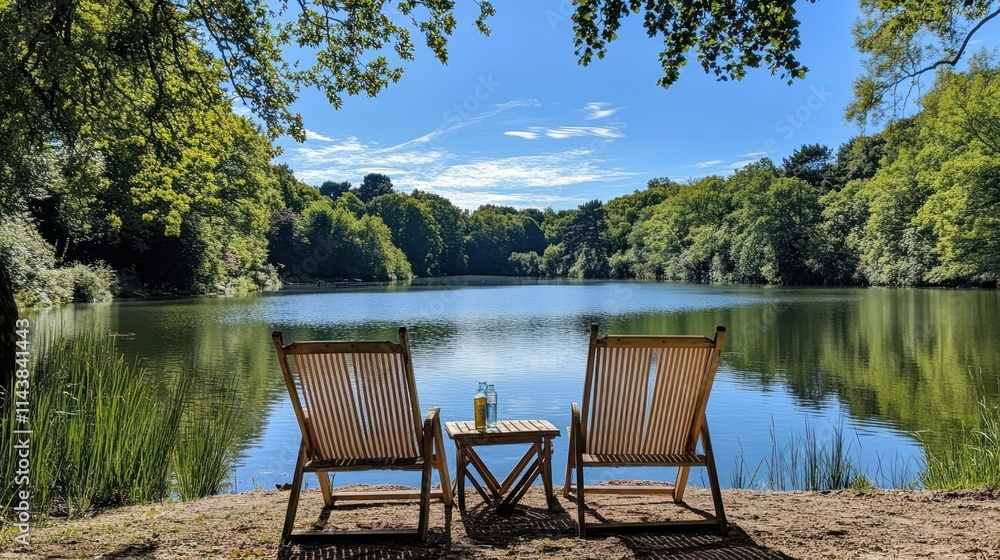 Fototapeta premium Two wooden beach chairs on lake shore, tranquil landscape, sunny day.
