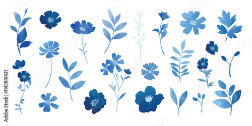 Collection of blue indigo watercolor flower elements vector. Set floral of wildflower, leaf branch, foliage. Hand drawn blossom illustration for decor, wedding card, clipart.