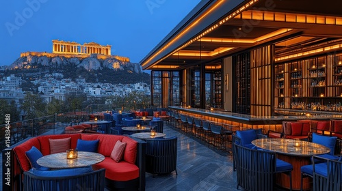 Rooftop bar with a view of the Acropolis at dusk.