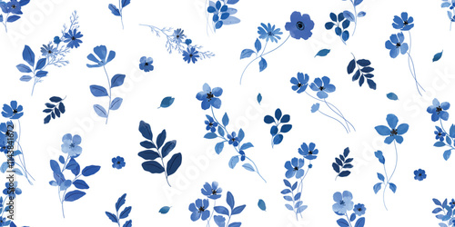 Blue indigo watercolor flower pattern seamless background vector. Watercolor hand painted botanical floral, daisy, wildflower, eucalyptus leaves. Design for wallpaper, banner, print, website.