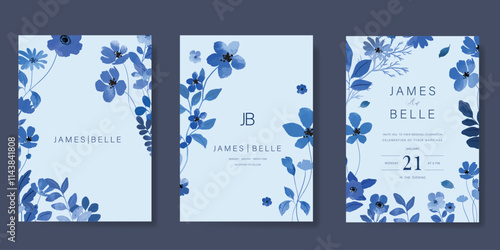 Elegant wedding invitation card background vector. Minimal hand painted blue indigo watercolor botanical flowers texture. Design illustration for wedding, vip cover, poster, rsvp modern card.