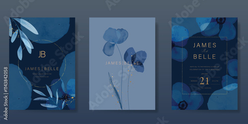 Elegant wedding invitation card background vector. Minimal hand painted blue indigo watercolor botanical flowers texture. Design illustration for wedding, vip cover, poster, rsvp modern card.