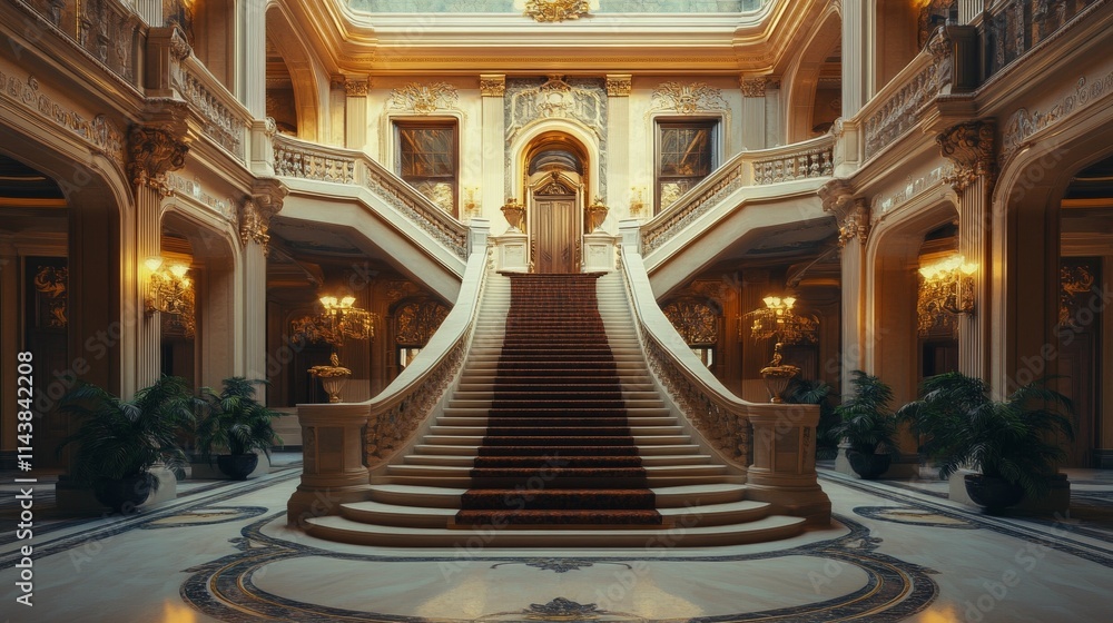 Obraz premium Opulent Staircase in Grand Building with Golden Details and Sunlight Streaming Through Windows