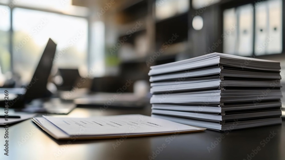 Stack of documents on a desk in an office. Stack of documents on a desk in an office.