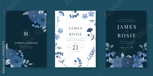 Elegant wedding invitation card background vector. Minimal hand painted blue indigo watercolor botanical flowers texture. Design illustration for wedding, vip cover, poster, rsvp modern card.