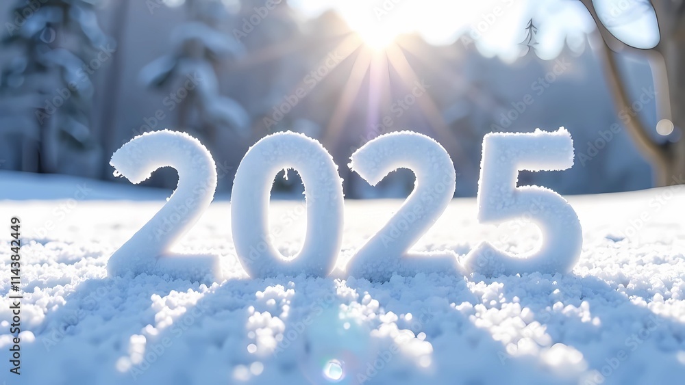 2025 written on snow in winter landscape. Spring season transition 2025 written on snow in winter landscape. Spring season transition