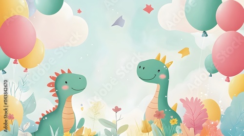 Two cute dinosaurs celebrating with balloons in a garden.
