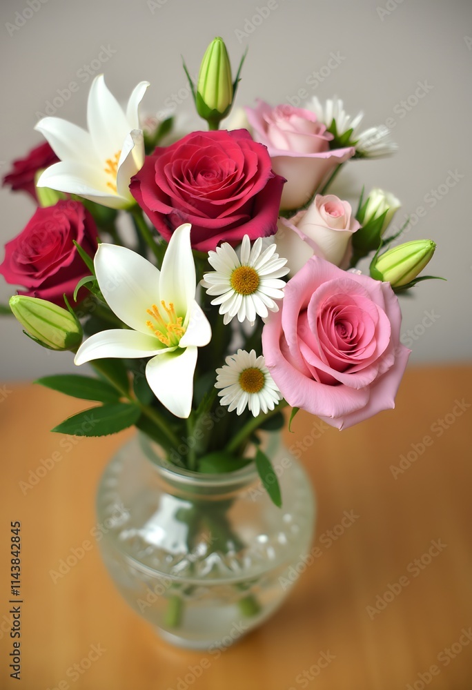 Colorful Rose and Lily Bouquet in Glass Vase on Table Colorful Rose and Lily Bouquet in Glass Vase on Table