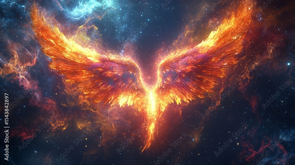 Obraz premium Celestial Being with Radiant Wings and Glowing Light in Cosmic Space