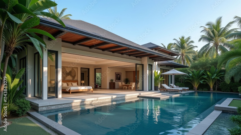 Fototapeta premium Tropical Pool Villa with Lush Garden and Modern Interior Design