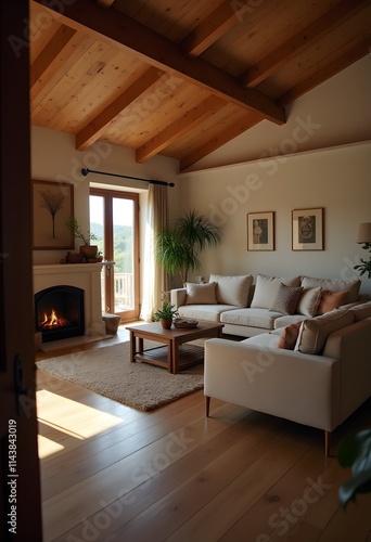 Cozy Living Room Interior with Fireplace and Wood Ceiling