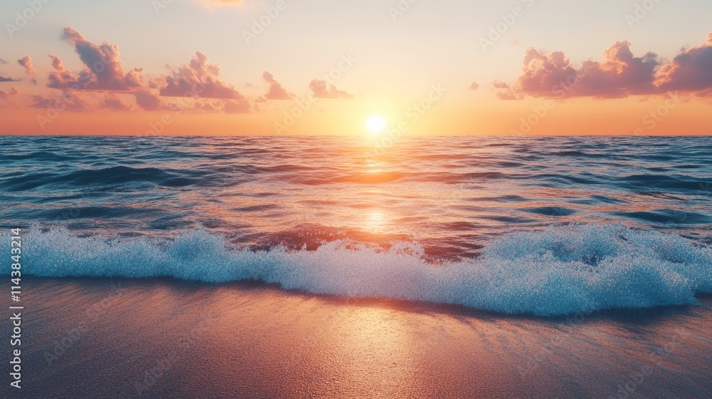 Fototapeta premium Gorgeous Sunset Over Calm Beach with Golden Sky and Ocean Waves