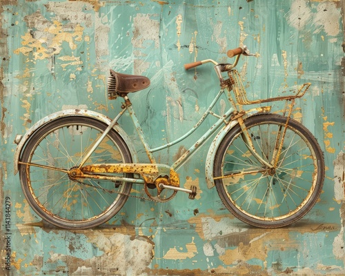 Rusted vintage bicycle hanging on a teal, weathered wall. photo