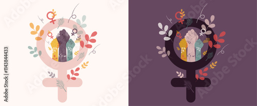 Set of two cards with beautiful logo symbolized women's power. International Women's Day concept.
