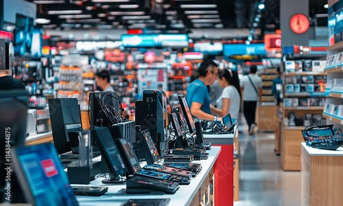 A busy electronics store filled with customers browsing various devices and gadgets.