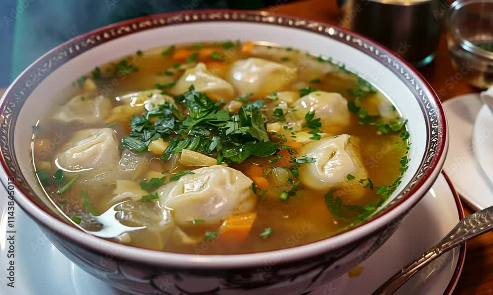 A bowl of soup with dumplings, garnished with herbs and vegetables. A bowl of soup with dumplings, garnished with herbs and vegetables.