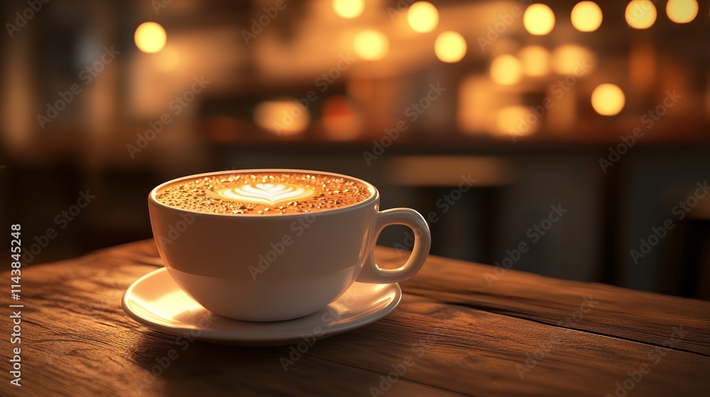 Cup of Cappuccino on Wooden Table with Warm Bokeh Lights Creating a Cozy Inviting Atmosphere Cup of Cappuccino on Wooden Table with Warm Bokeh Lights Creating a Cozy Inviting Atmosphere