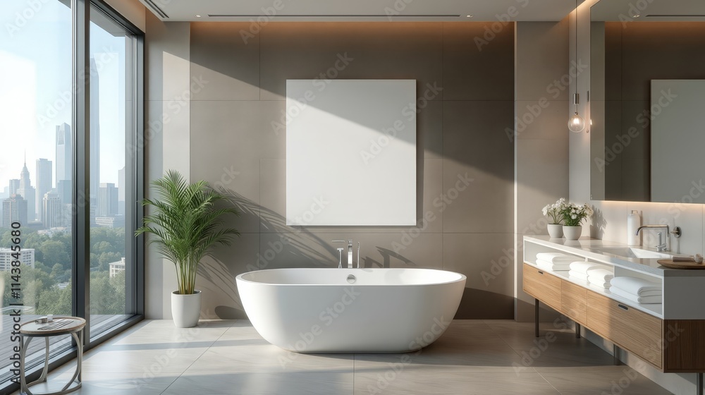 Contemporary Bathroom with Panoramic Windows, Bathtub, and Mockup Wall Space Contemporary Bathroom with Panoramic Windows, Bathtub, and Mockup Wall Space