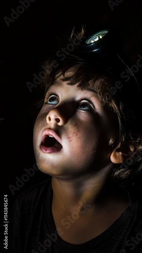 A child with a headlamp looking amazed in the dark. Curious and whimsical mood, artificial spot lighting. photo