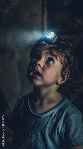 A child with a headlamp looking amazed in the dark. Curious and whimsical mood, artificial spot lighting.