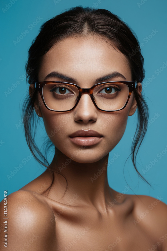 portrait of young woman in glasses looking at camera on blue background portrait of young woman in glasses looking at camera on blue background