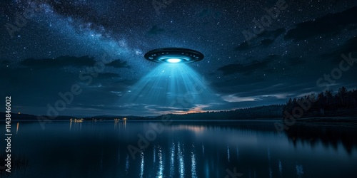 UFO above the lake, a nighttime scene featuring rays of light and reflections. The intriguing UFO adds a mystical element to the serene lake view in this captivating night image.