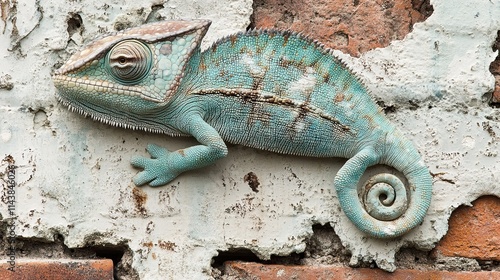 Close-Up Cape Dwarf Chameleon Weathered Brick Wall Showcasing Natures Tiny Wonders Intricate Details Animal Photography Wildlife Art Exotic Pet Industry Visuals photo