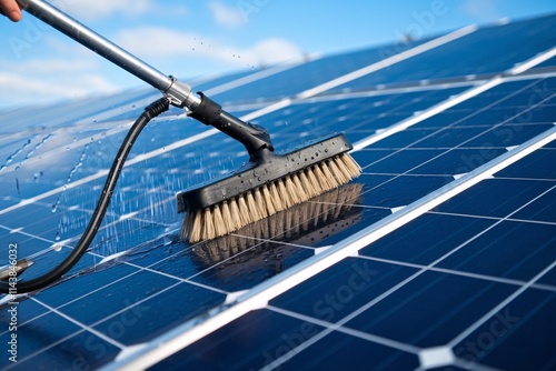 a person cleaning a solar panel array with a water-fed brush attached to a long pole.
