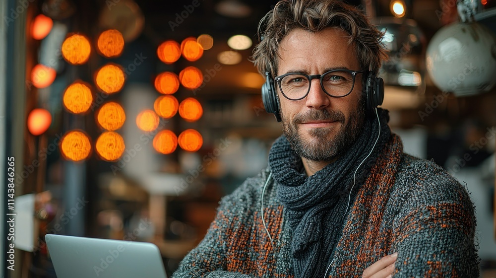 Obraz premium Man with headphones in a cozy caf? setting.