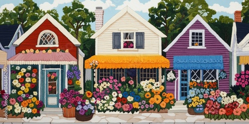 Vibrant embroidered flowers and charming small buildings create a picturesque scene, showcasing the beauty of colorfully embroidered flowers amidst delightful architecture.
