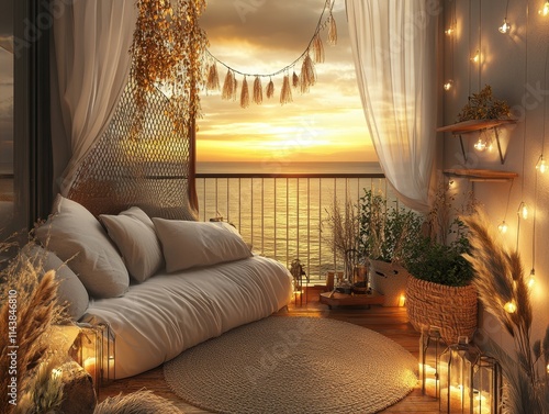 Cozy Bohemian Balcony Sunset Bliss  Tranquil Coastal Escape photo