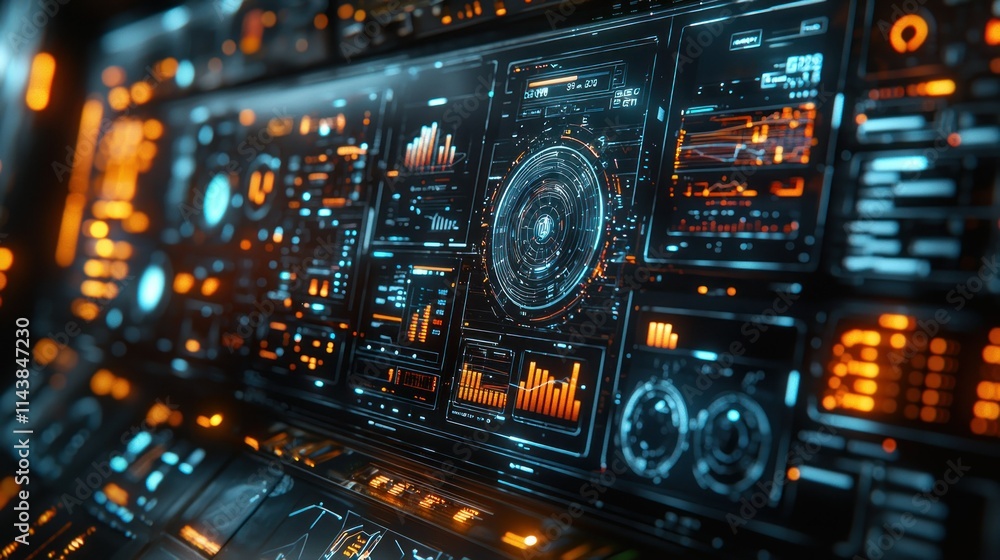 Futuristic control panel with data visualizations. Futuristic control panel with data visualizations.
