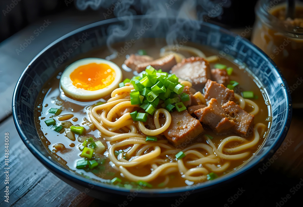 A Suop Of Steaming Broth, Soft Noodles, Sliced Pork, Boiled Egg, Green Onions Tasty And Hot A Suop Of Steaming Broth, Soft Noodles, Sliced Pork, Boiled Egg, Green Onions Tasty And Hot