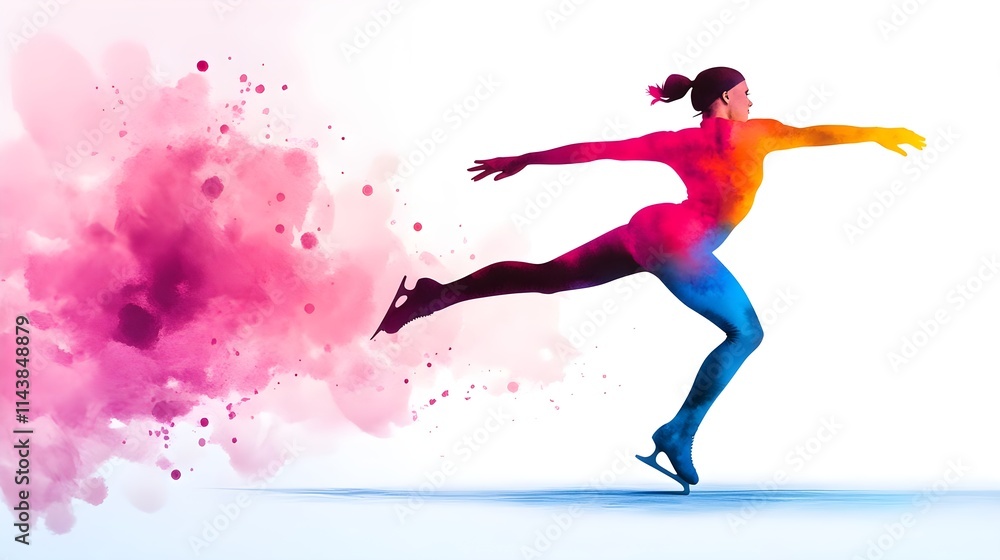 Graceful ice skater performing a stunning spin with colorful splashes representing creativity and motion in a vibrant artistic way Graceful ice skater performing a stunning spin with colorful splashes representing creativity and motion in a vibrant artistic way