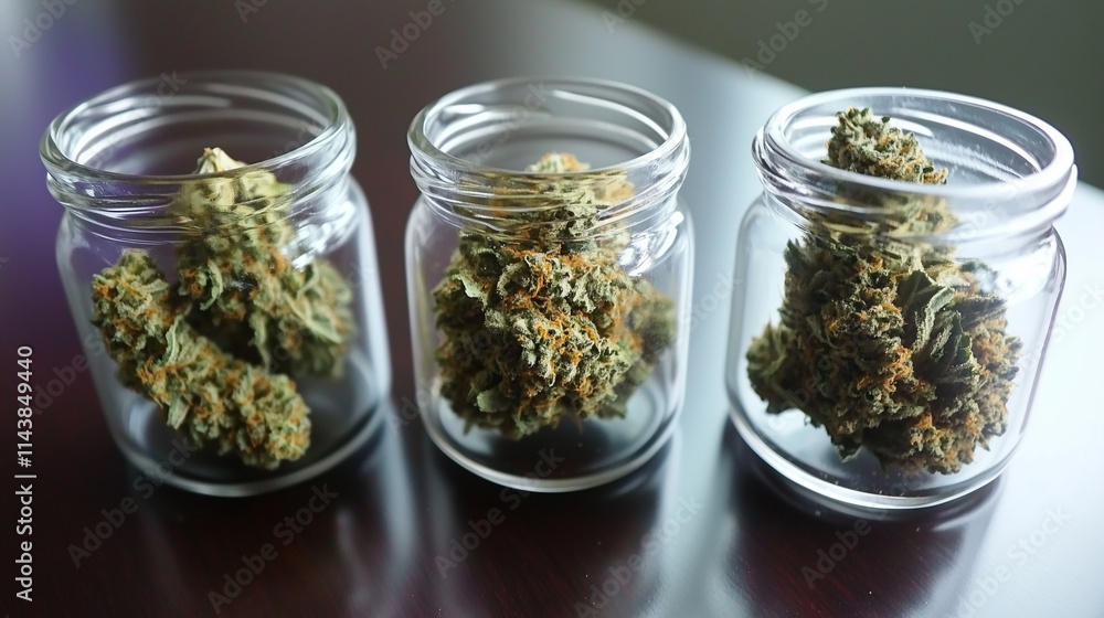 Cannabis buds stored in transparent glass jars Cannabis buds stored in transparent glass jars