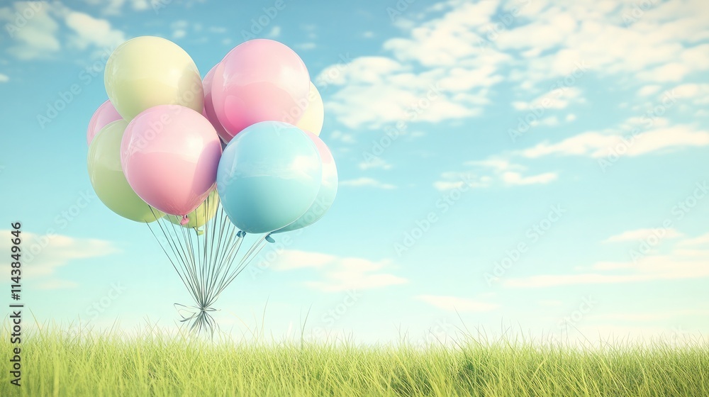 Obraz premium Colorful Balloons Floating Above Lush Green Grass Under Bright Blue Sky with Soft White Clouds, Symbolizing Joy, Celebration, and Freedom in a Scenic Outdoor Setting