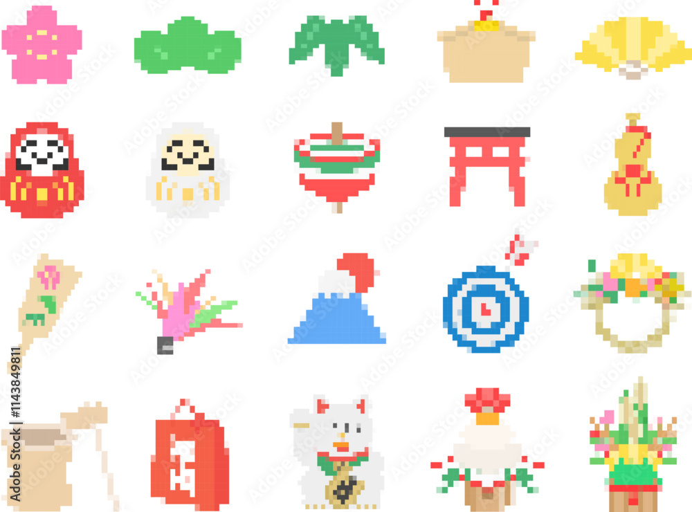 いろいろな正月のドット絵のイラストセット いろいろな正月のドット絵のイラストセット